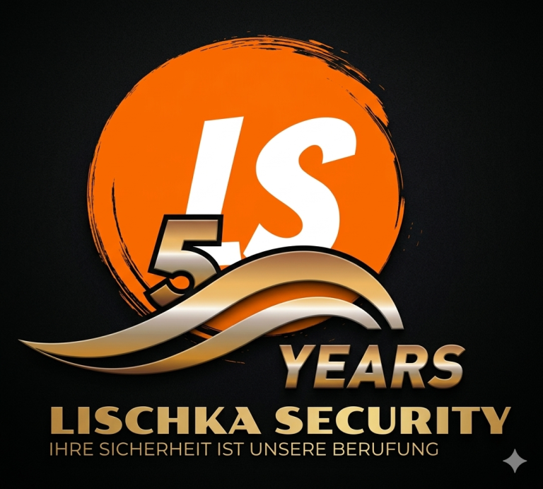 Lischka Security UG Logo mit "5 Years" in orange und gold auf schwarzem Hintergrund.