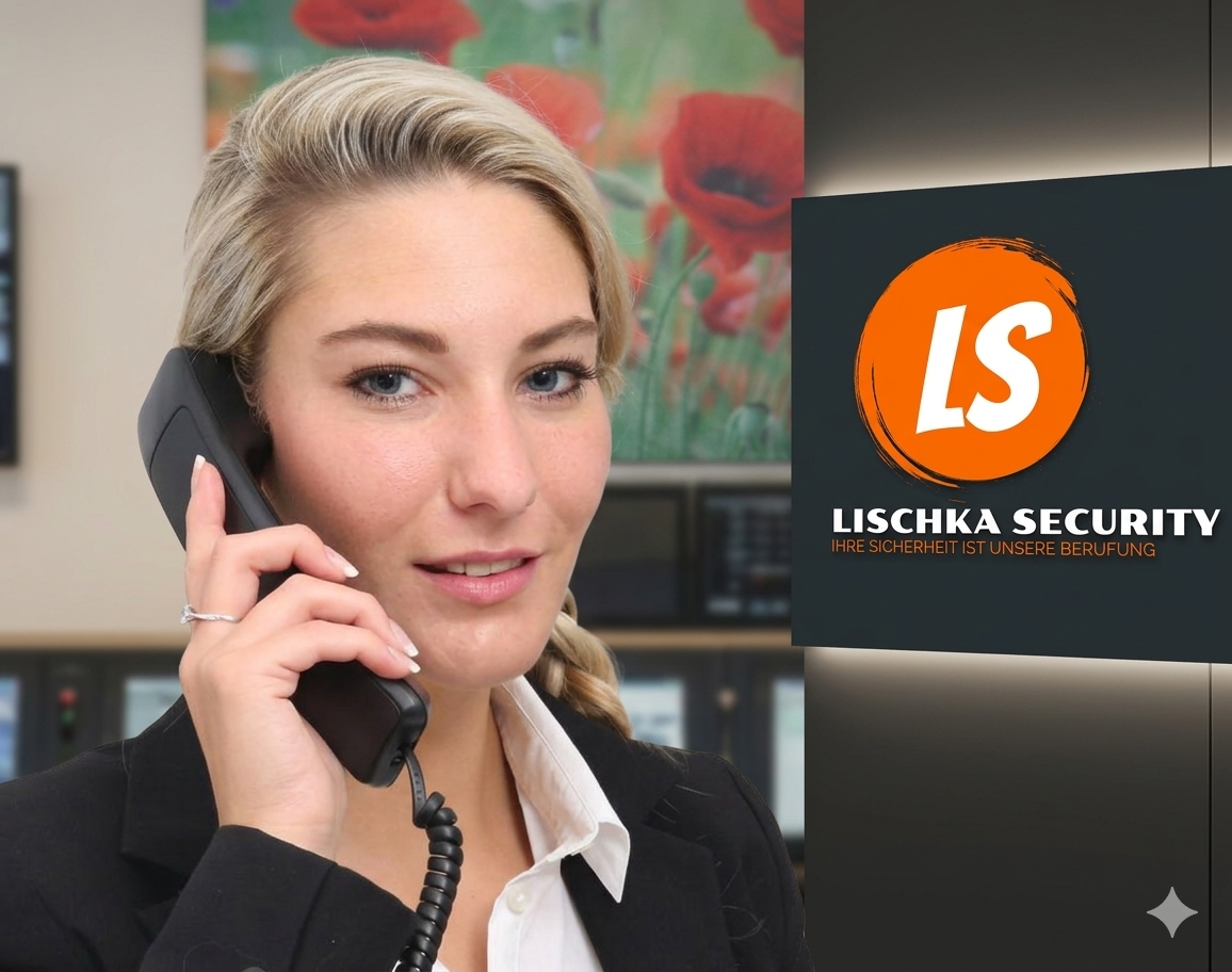 Frau am Telefon in einem modernen Büroumfeld, mit Sicherheitslogo im Hintergrund. LISCHKA SECURITY UG