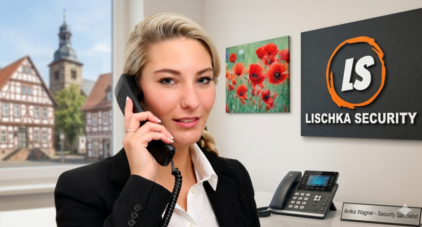 Frau am Telefon in einem modernen Büroumfeld, mit Sicherheitslogo im Hintergrund. LISCHKA SECURITY UG