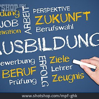 Schriftliche Begriffe zur Bildung, Karriere und Zukunft auf einer Tafel.