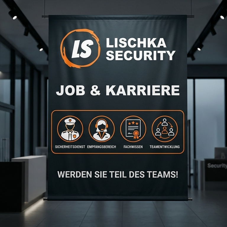 Schwarzes Banner von Lischka Security mit dem Text „Job & Karriere“ und Icons.