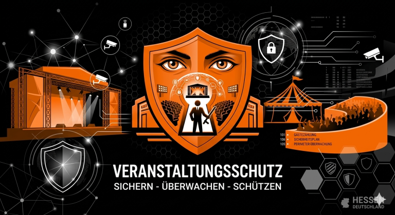 Grafik zu Veranstaltungsschutz mit Icons von Sicherheit und Schutzmaßnahmen. LISCHKA SECURITY UG