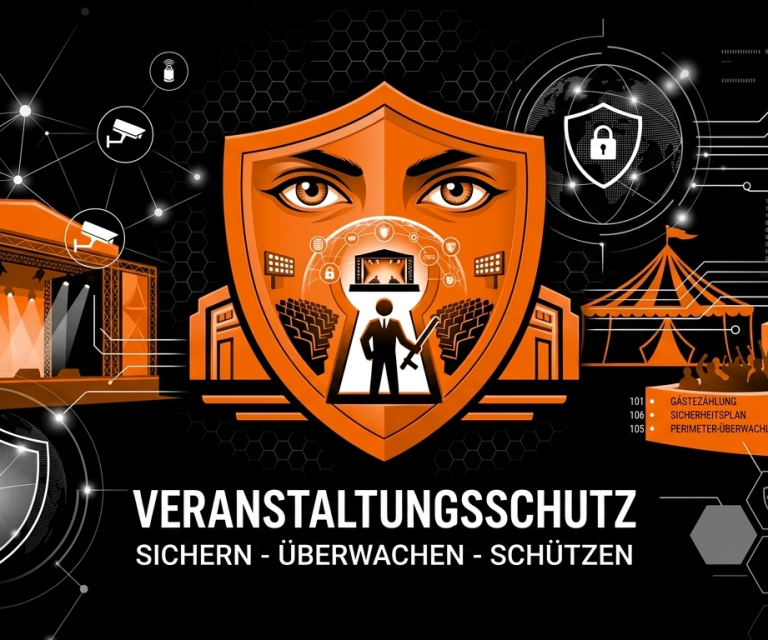 Logo für Veranstaltungsschutz mit Symbolen für Sicherheit und Überwachung. LISCHKA SECURITY UG